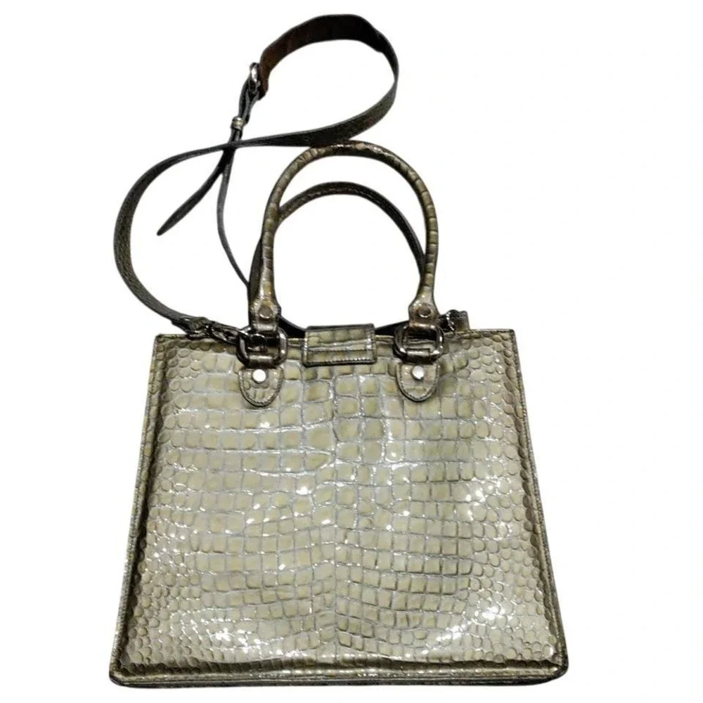 NEW Francesco Rogani Roma Crocodile Embossed Leather Sage Green Metallic Bag‎